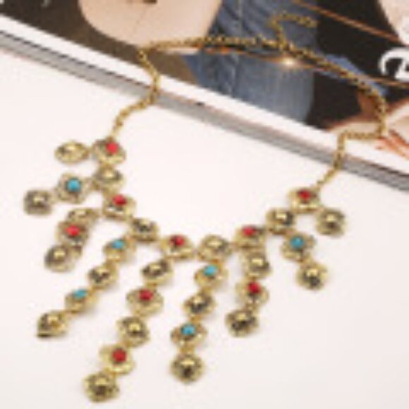 #017 Fashion Vintage Carved Gemstone Tassel Alloy Exaggerated Necklace - Picture 3 of 4